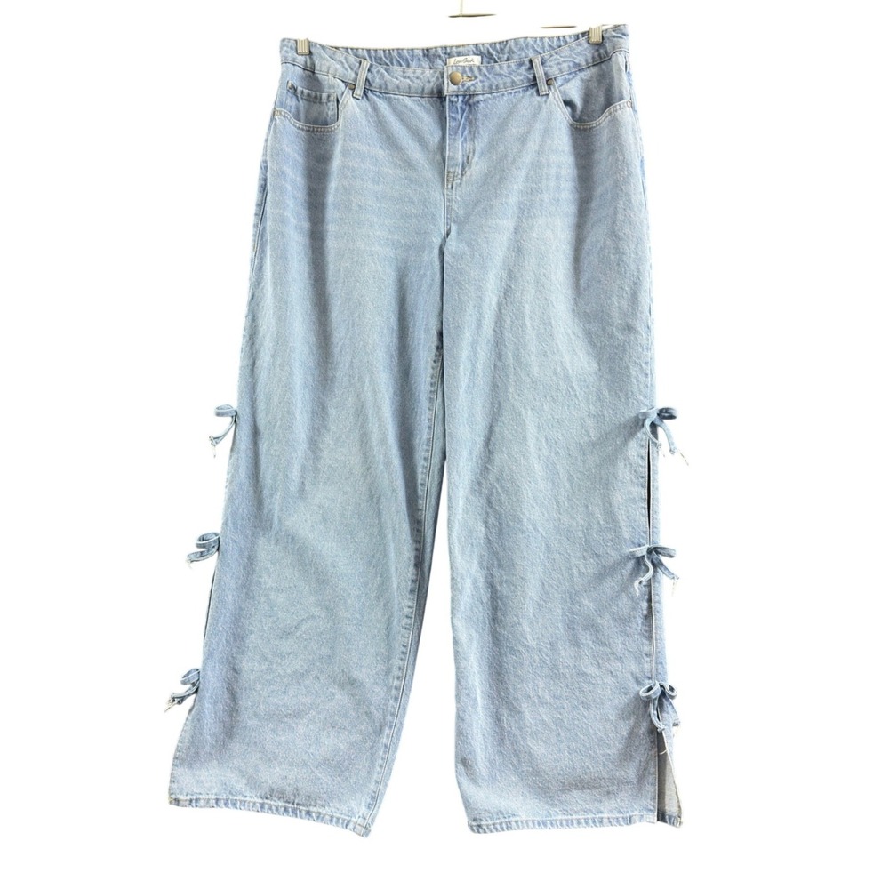 LoveSick Wide Leg Jeans 16T Light Wash Side Slit Bow Tie Denim Pants Streetwear